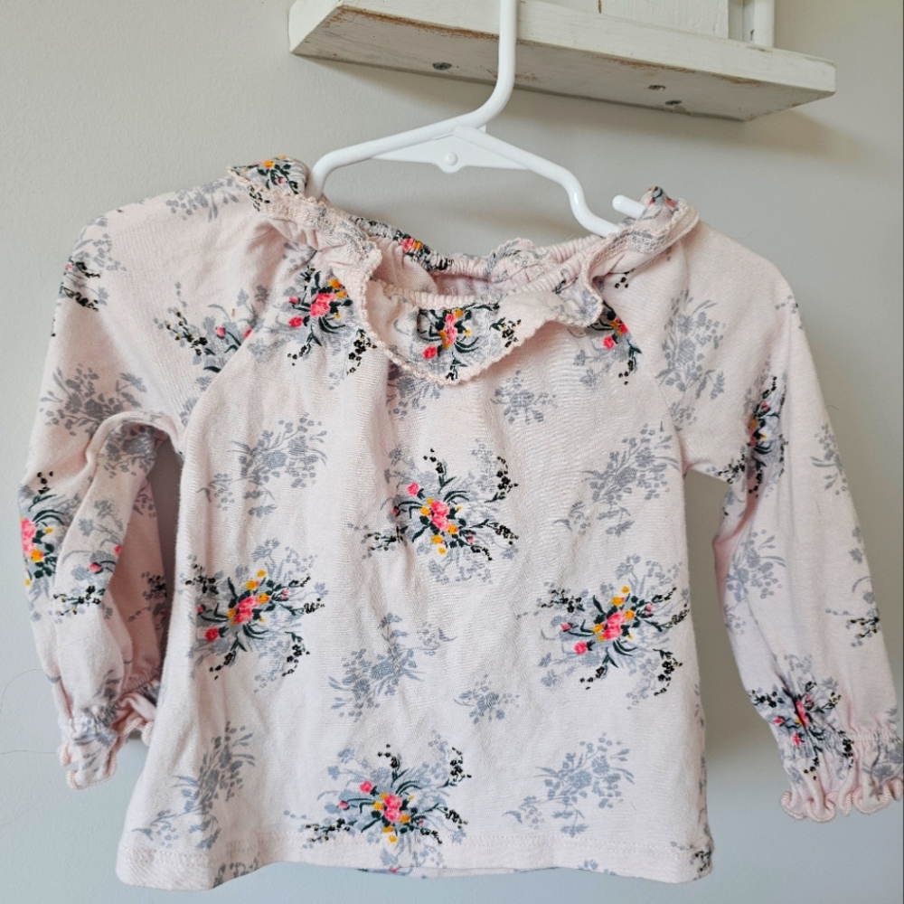 Ever & Ever baby girl long sleeve pink floral ruffle neck shirt. Size 9m.